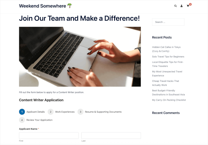 Job application form on a live WordPress site