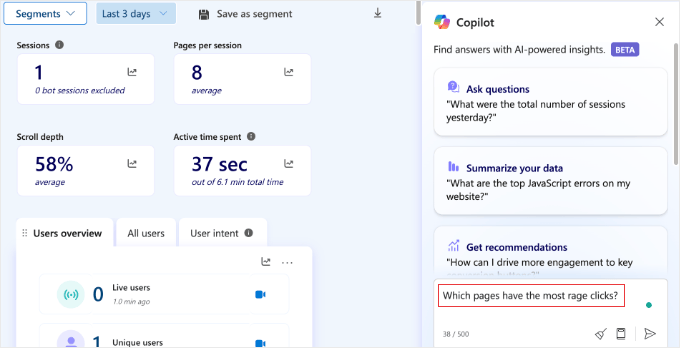 Chattare con Copilot di Microsoft Clarity in WordPress