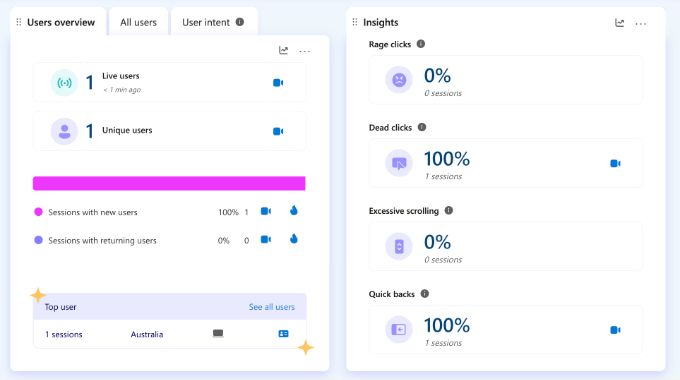 Dashboard Microsoft Clarity in WordPress
