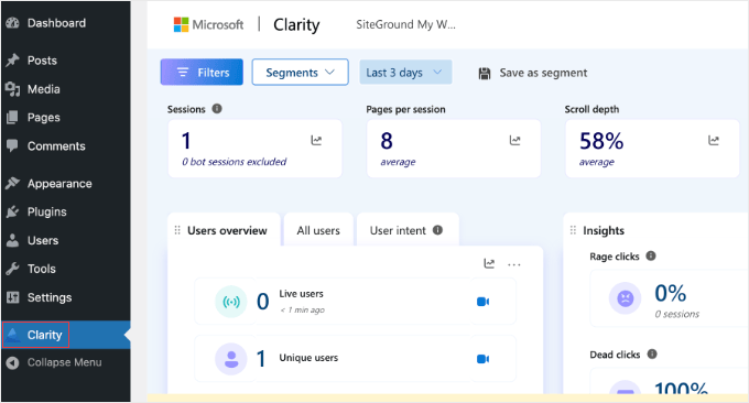 Visita il menu Clarity in WordPress