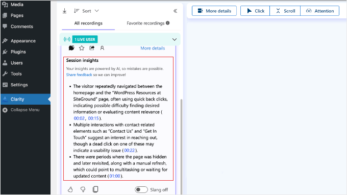 Visualizzare le informazioni sulle sessioni di Microsoft Clarity in WordPress