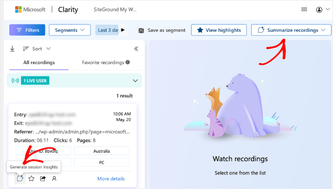 Riassumere le registrazioni di Microsoft Clarity in WordPress
