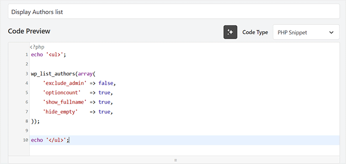 Fügen Sie den Code zur Anzeige der Autorenliste in WPCode ein