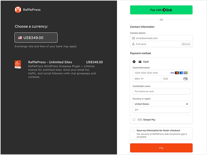 RafflePress checkout page split view: currency selector on left, payment form on right with Pay button.