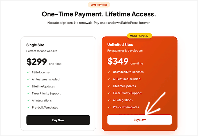 Pricing comparison with two RafflePress plan cards: Single Site (9) and Unlimited Sites (9) with feature lists and Buy Now buttons.