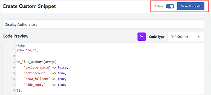 Speichern Sie den Code-Snippet zur Anzeige der Autorenliste in WPCode