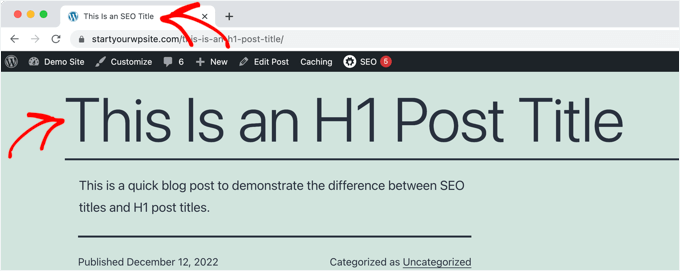 Esempio di un titolo H1 nel post e titolo SEO nella scheda del browser