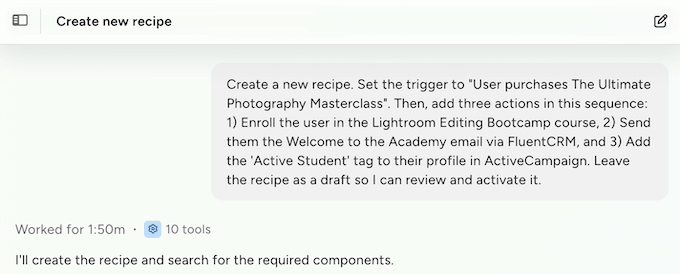 Creating an automated workflow recipe using AI 