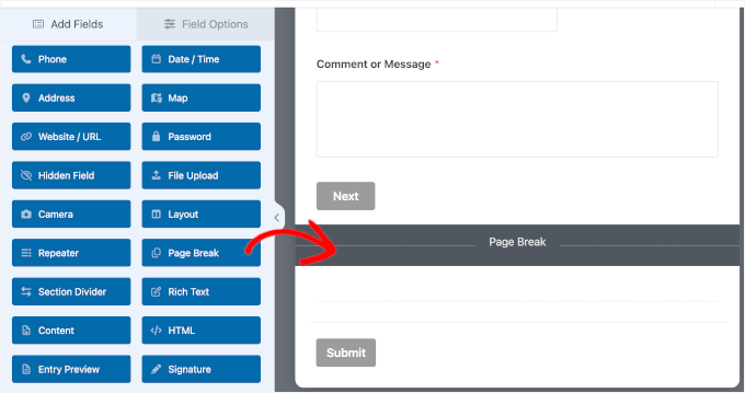 Adding a page break before the Submit button Adding a page break before the Submit button