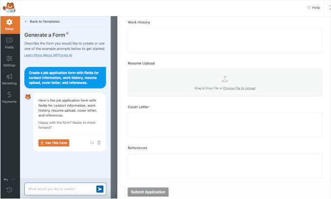Creating a job application form using AI