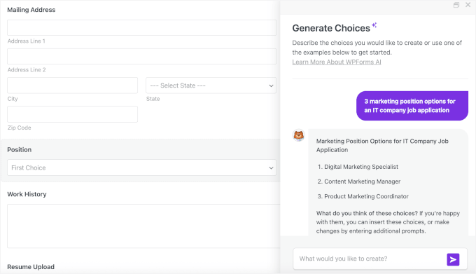 AI Choices in WPForms