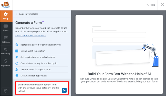 Using a prompt to create a form in WPForms