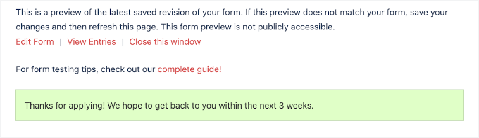 Job application form confirmation message