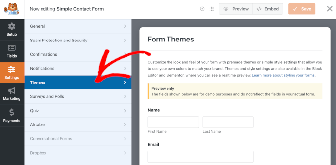 WPForms içindeki Temalar menüsüne erişme