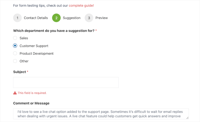 Testing the multi-page form Testing the multi-page form