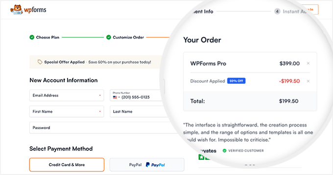 Apply WPForms coupon Checkout page for WPForms showing 'Your Order' with WPForms Pro $399, 50% off discount of $199.50, total $199.50, and payment method options (Credit Card & More, PayPal).