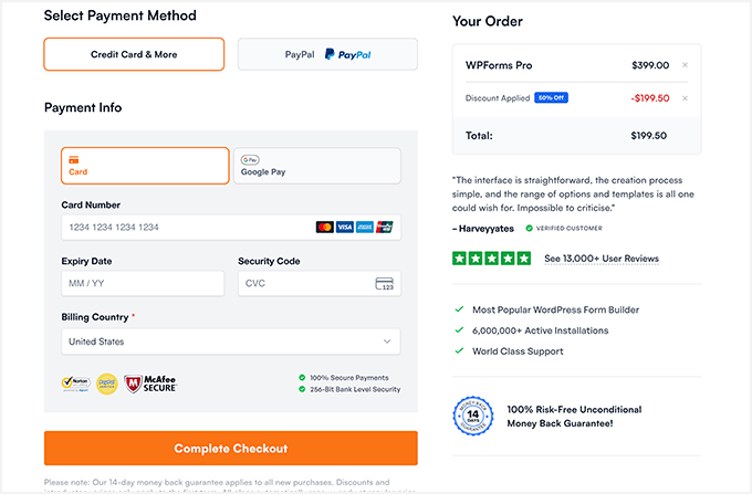 Payment method selection and card info form with order total summary on the right. Payment method selection and card info form with order total summary on the right.
