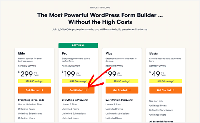 WPForms pricing page with coupon applied WPForms pricing plans