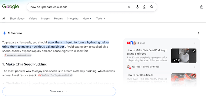 Un exemplu de Prezentare generală AI în Google
