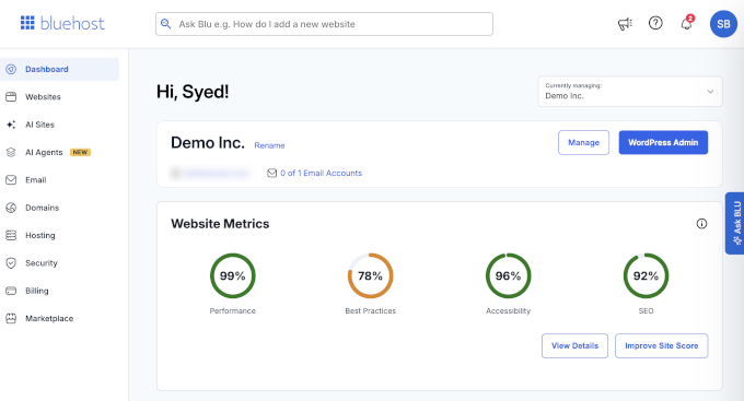 Bluehost hesap kontrol paneli