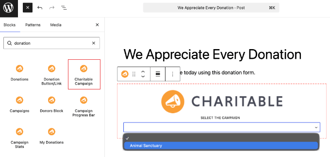 Adicionando um Bloco de Campanha Charitable a uma Postagem ou Página