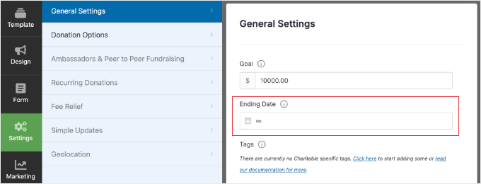 Definindo a Data de Término de uma Campanha Charitable