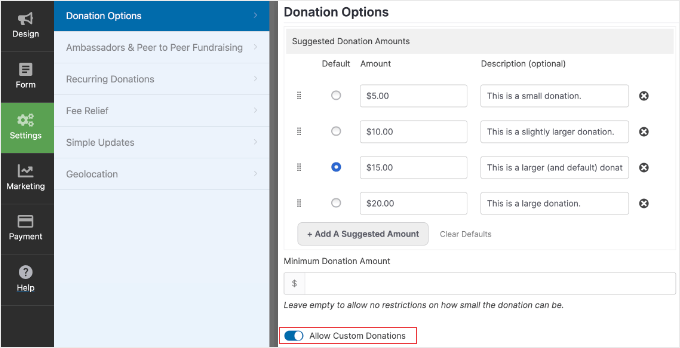 Configurando as Opções de Doação do Charitable