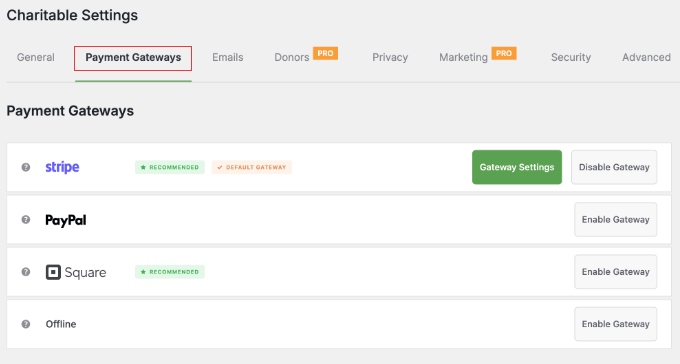 Configurações do Gateway de Pagamento Charitable
