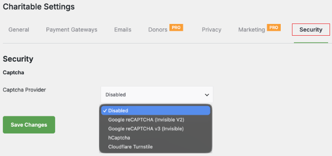 Configurações de Segurança do Charitable