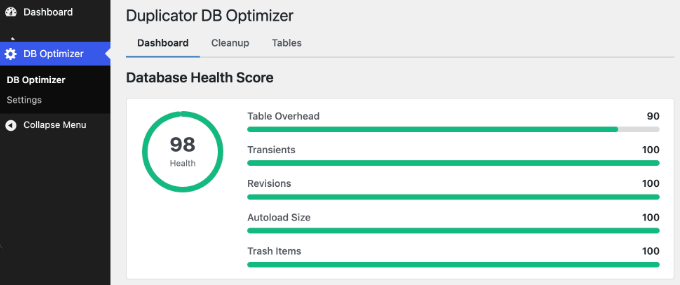 Vizualizarea scorului de sănătate a bazei de date DB Optimizer