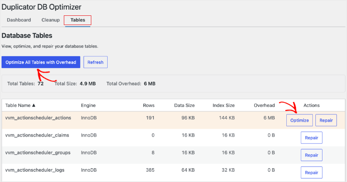 Optimizarea tabelelor folosind DB Optimizer