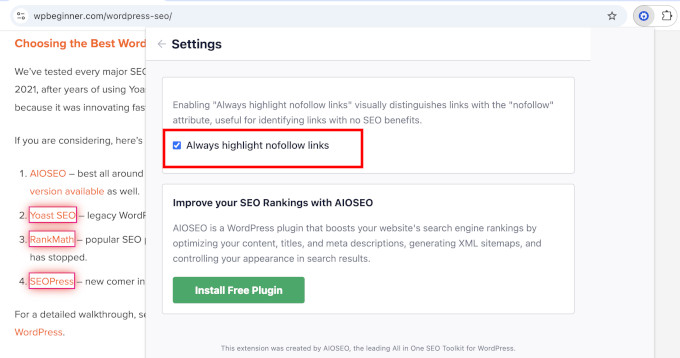 Resalta los enlaces nofollow usando la extensión del navegador de AIOSEO