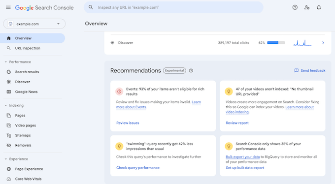 Un exemplu de card de recomandări Google Search Console