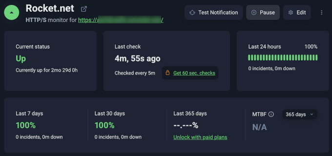Rocket.net uptime test result