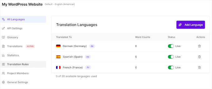 Target languages on the Universally dashboard