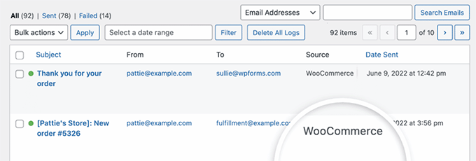 WooCommerce email log in WP Mail SMTP