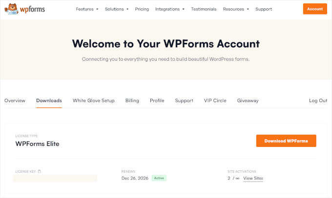 Dashboard dell'account WPForms
