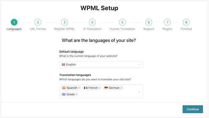 Asistente de configuración de WPML mostrando pasos de progreso y campos de configuración de idioma