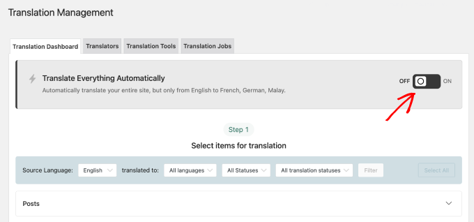Botón de traducción automática de WPML en el panel de gestión de traducciones