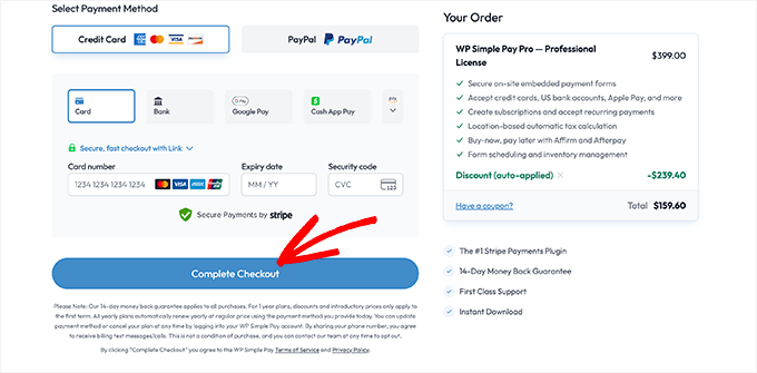 WP Simple Pay add payment details and checkout