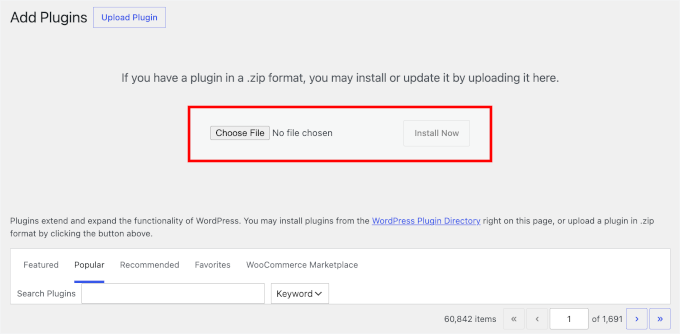 Carica un file zip del plugin nell'uploader di file