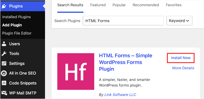 Installazione del plugin HTML Forms in WordPress