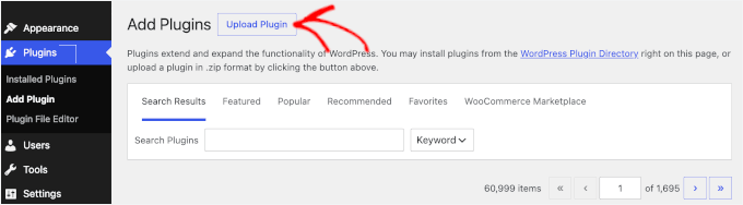 Il pulsante Carica plugin nell'area di amministrazione di WordPress