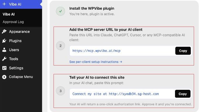 The Vibe AI plugin admin page in wp-admin showing the three-step connection setup