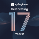 WPBeginner celebration banner with logo and the text 'Celebrating 77 Years!' against a dark blue wave background