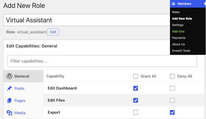 Add new user role in Members plugin
