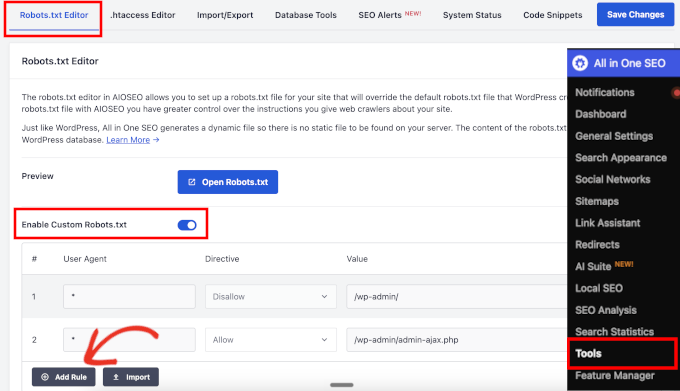 Editorul de fișiere robots.txt al All in One SEO Editorul de fișiere robots.txt al All in One SEO