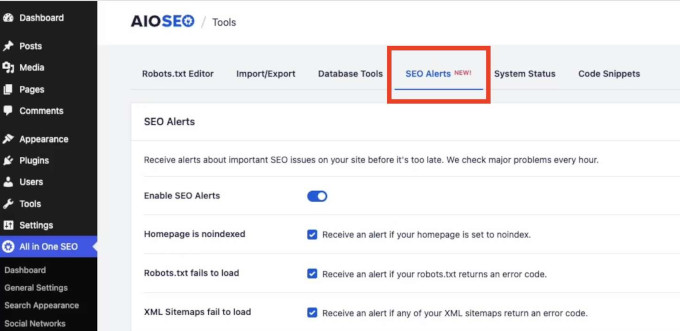 AIOSEO: Setări alerte SEO