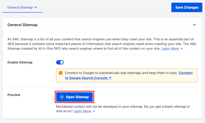 Pulsante per visualizzare in anteprima la tua sitemap XML