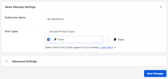 Impostazioni della sitemap notizie in AIOSEO